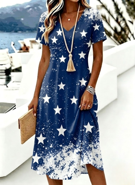 Women America Flag Summer Dress V Neck Short Sleeve A-Line Dress