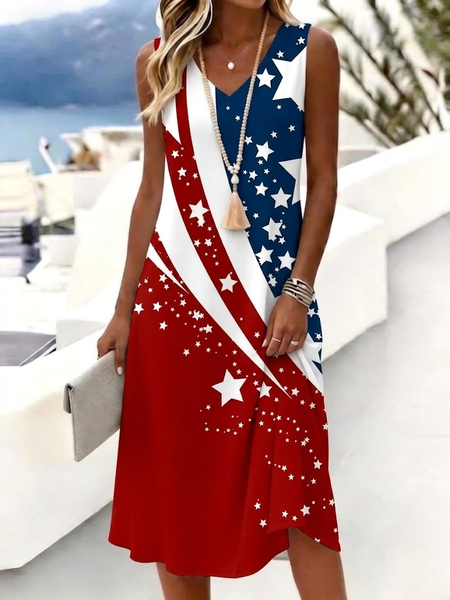 Women America Flag Summer Dress V Neck Sleeveless Tank A-Line Dress
