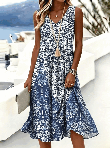 

Women Floral Summer Dress V Neck Sleeveless Tank A-Line Dress, Blue, Dresses