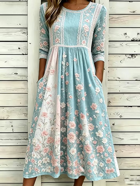 

Women Floral Summer Dress Crew Neck Half Sleeve A-Line Dress, Blue-white, Dresses