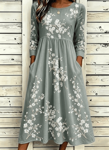 Women Floral Summer Dress Crew Neck Half Sleeve A-Line Dress