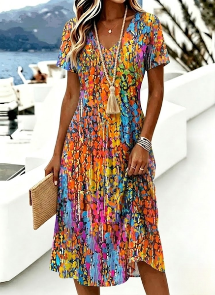 

Women Abstract Summer Dress V Neck Short Sleeve A-Line Dress, As picture, Dresses