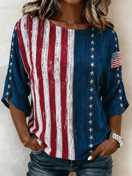 Crew Neck Half Sleeve Independence Day (Flag) Printing Regular Micro-Elasticity Regular Fit Blouse For Women