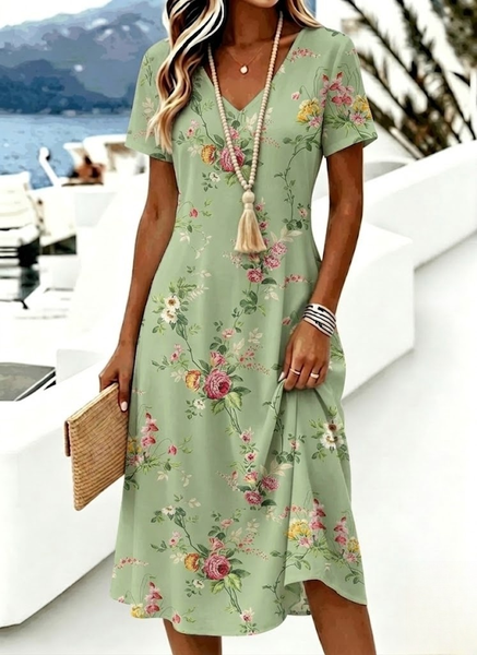 

Women Floral Summer Dress V Neck Short Sleeve A-Line Dress, Green, Dresses