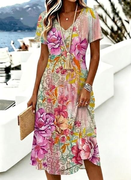 

Women Floral Summer Dress V Neck Short Sleeve A-Line Dress, Color2, Dresses