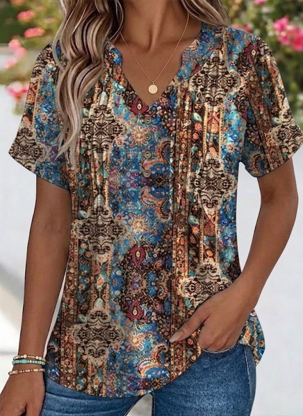 

Vintage Paisley V Neck Short Sleeve T-shirt, As picture, T-shirts