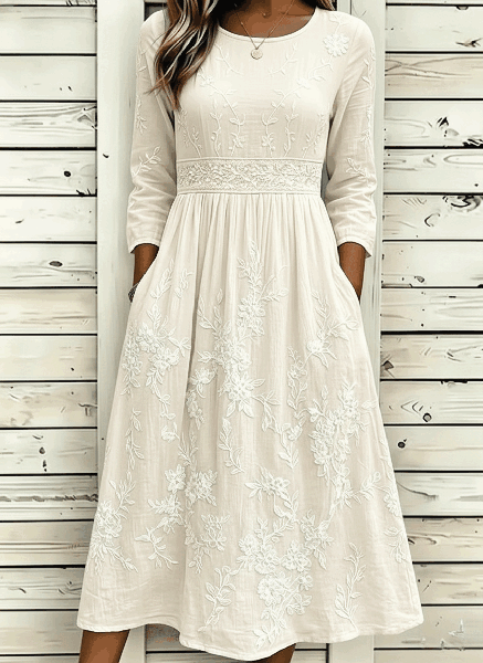 

Women Floral Summer Dress Crew Neck Half Sleeve A-Line Dress, Ivory, Dresses
