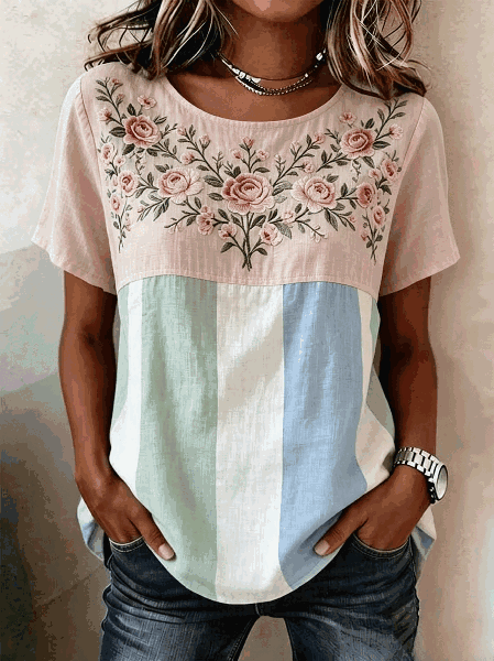

Casual Floral Crew Neck Short Sleeve T-shirt, As picture, T-shirts