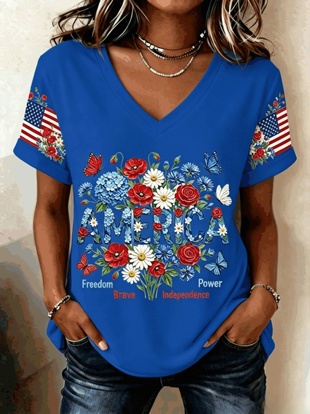 Casual Floral V Neck Short Sleeve T-shirt