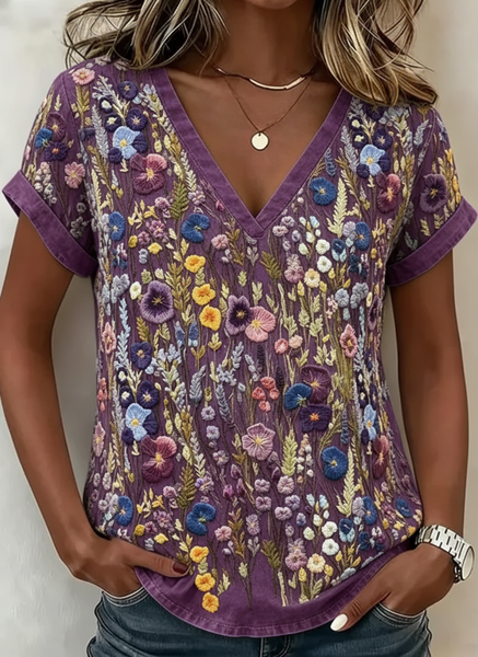 

Vintage Floral V Neck Short Sleeve T-shirt, Purple, T-shirts