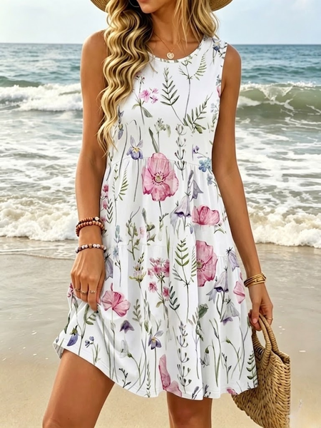 

Women Floral Summer Dress Crew Neck Sleeveless Tank A-Line Dress, White, Dresses
