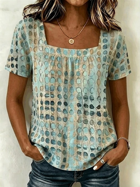 Casual Abstract Graphic Square Neck Short Sleeve T-shirt