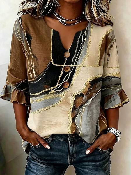 V Neck Half Sleeve Abstract Printing Regular Micro-Elasticity Regular Fit Blouse For Women