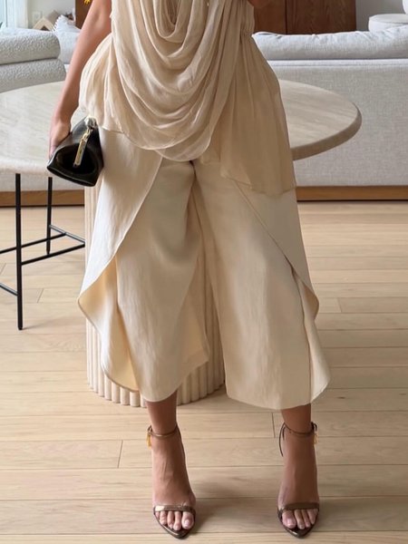

Cotton Casual Plain Folds Straight Pants, Apricot, Pants