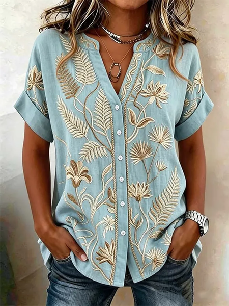 V Neck Short Sleeve Floral Regular Regular Fit Shirt For Women