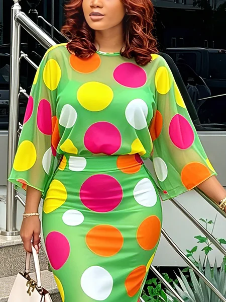 Elegant Polka Dots Printing Crew Neck Blouse