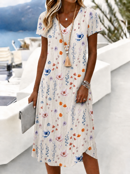 

Women Floral Summer Dress V Neck Short Sleeve T-Shirt Dress A-Line Dress, Off white, Dresses
