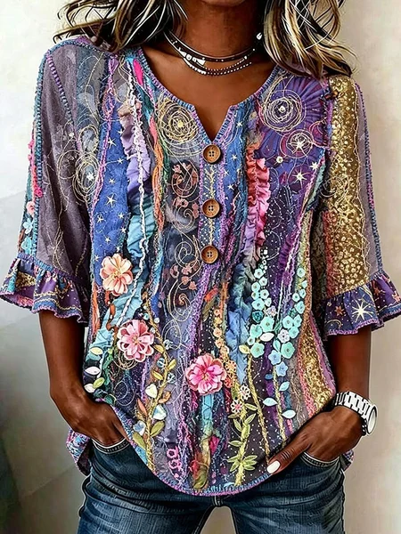 

V Neck Half Sleeve Floral Printing Regular Micro-Elasticity Regular Fit Blouse For Women, Purple, Blouses