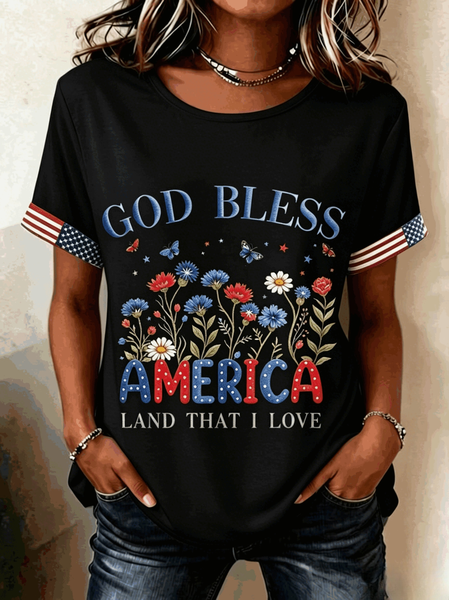 

Casual Floral Crew Neck Short Sleeve T-shirt, Black, T-shirts