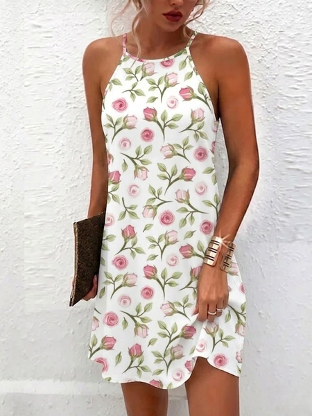 Women Floral Summer Dress Halter Neck Gallus Tank A-Line Dress