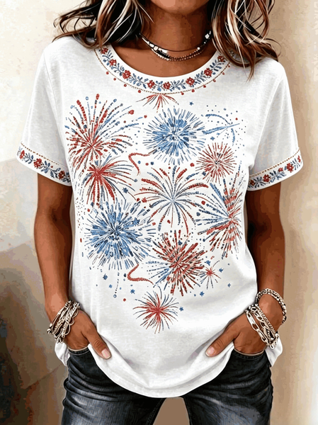 

Vintage Floral Crew Neck Short Sleeve T-shirt, White, T-shirts