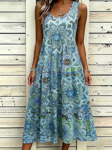 Women Paisley Summer Dress Crew Neck Sleeveless Tank A-Line Dress