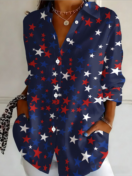 Shirt Collar Regular Sleeve Long Sleeve Star Buckle Regular Loose Button Up Shirt Shirt For Women