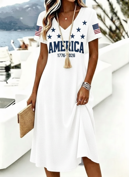 Women Text Letters Summer Dress V Neck Short Sleeve A-Line Dress