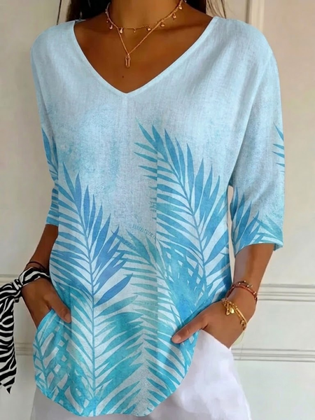 Casual Palm Leaf V Neck Three Quarter Sleeve T-shirt