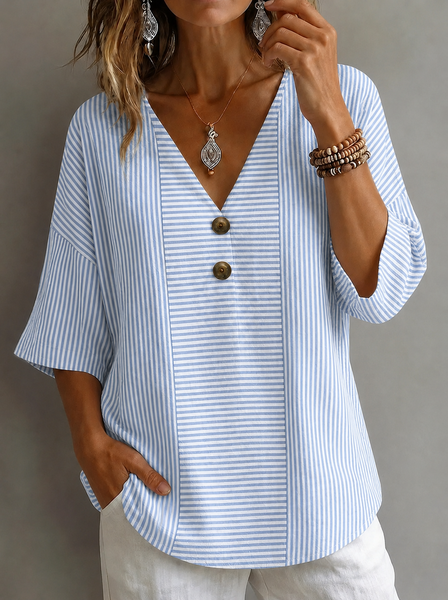 V Neck Half Sleeve Striped Regular Micro-Elasticity Loose Blouse For Women