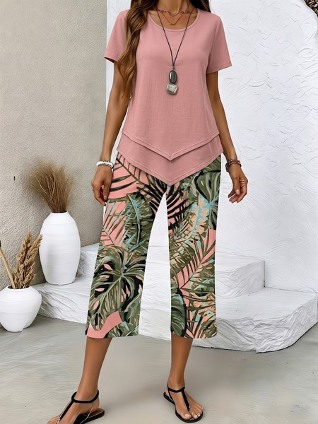 

Women Plants Printing Two-Piece Set Daily Short Sleeve Casual Summer Top With Pants Matching Set, Pink, Suit Set