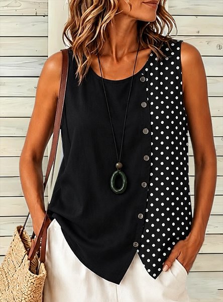 Casual Crew Neck Polka Dots Tank Top