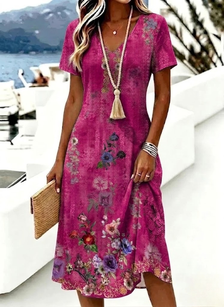 Women Floral Summer Dress V Neck Short Sleeve A-Line Dress
