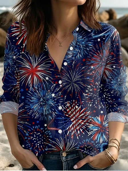 Shirt Collar Long Sleeve America Flag Regular Loose Shirt For Women