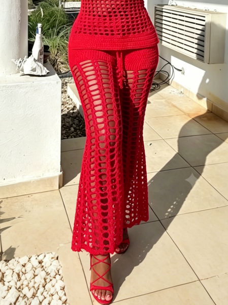 

Casual Plain Hollow Out Flare Pants, Red, Pants
