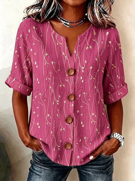 V Neck Three Quarter Sleeve Leaf Regular Loose Shirt For Women