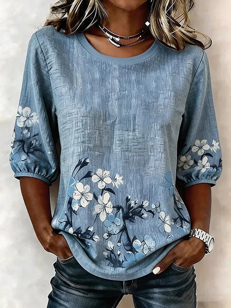 Crew Neck Half Sleeve Floral Printing Regular Micro-Elasticity Regular Fit Blouse For Women