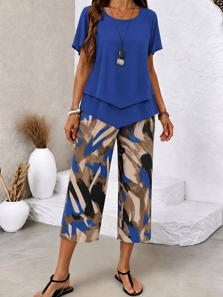 Women Floral Two-Piece Set Daily Short Sleeve Casual Summer Top With Skirt Matching Set