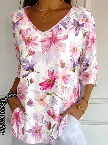 

Casual Floral V Neck Three Quarter Sleeve T-shirt, Pink, T-shirts