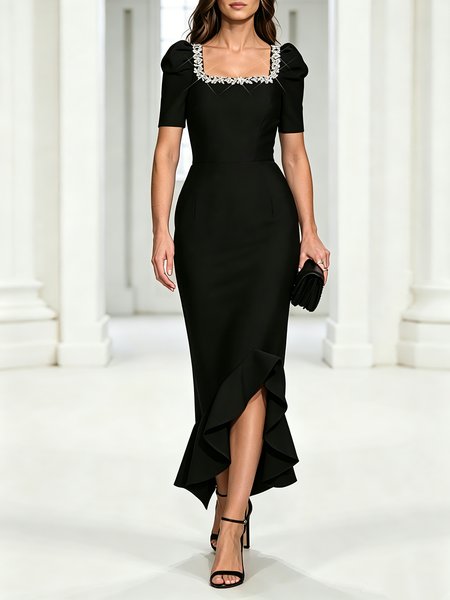 Urban Plain Puff Sleeve Rhinestone Square Neck Midi Dress