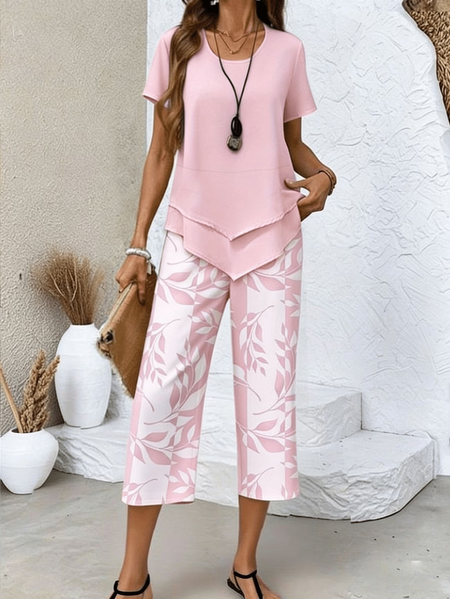 Women Floral Printing Two-Piece Set Daily Short Sleeve Casual Summer Top With Pants Matching Set