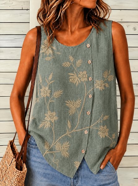 Casual Crew Neck Plants Tank Top