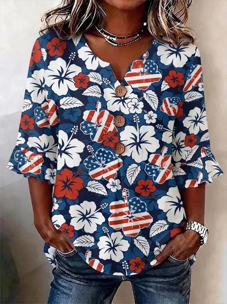 V Neck Half Sleeve Floral Regular Micro-Elasticity Regular Fit Blouse For Women