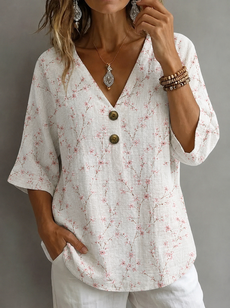 V Neck Half Sleeve Floral Regular Micro-Elasticity Loose Blouse For Women