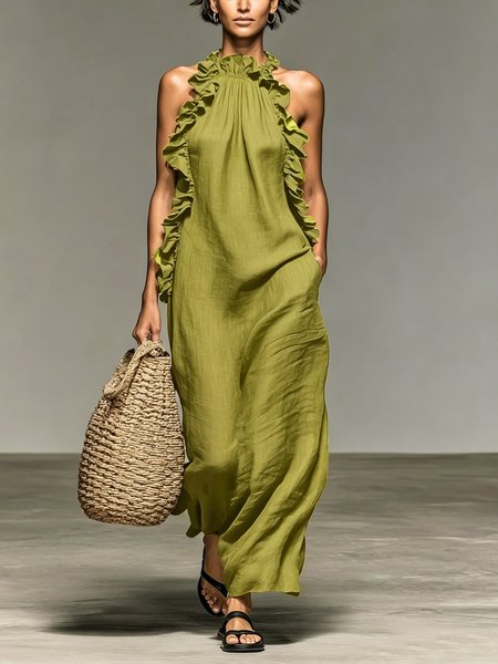 Cotton Casual Plain Peplum Halter Neck Maxi Dress
