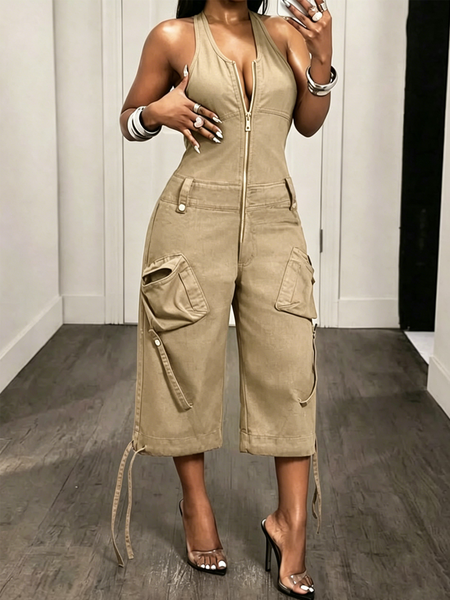 Casual Plain Halter Neck Jumpsuit