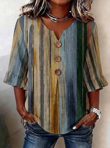 V Neck Half Sleeve Abstract Stripes Regular Micro-Elasticity Regular Fit Blouse For Women