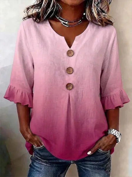 V Neck Half Sleeve Ombre Regular Micro-Elasticity Regular Fit Blouse For Women