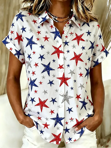 Shirt Collar Short Sleeve Star Printing Regular Micro-Elasticity Loose Button Up Shirt Shirt For Women