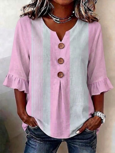 V Neck Half Sleeve Striped Regular Micro-Elasticity Regular Fit Blouse For Women